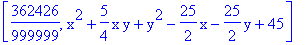 [362426/999999, x^2+5/4*x*y+y^2-25/2*x-25/2*y+45]